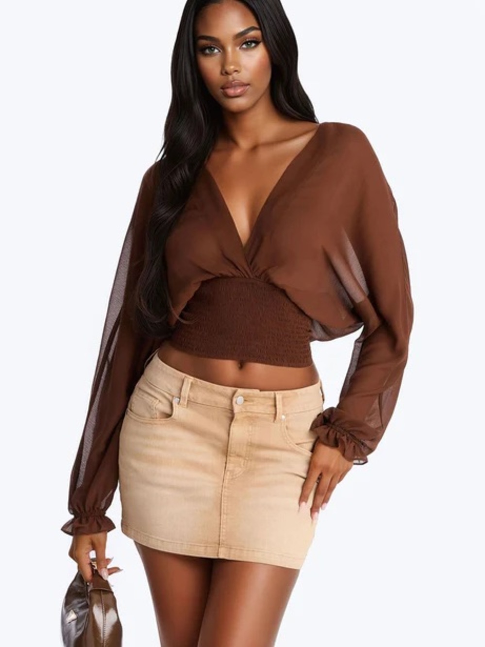 Brown Sheer V-Neck Smocked Waist Women's Top